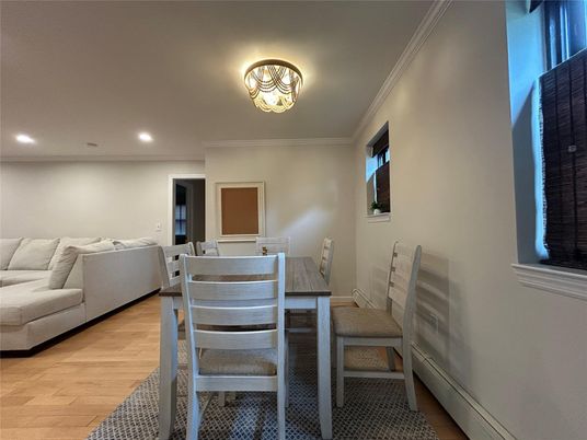 Dining room, Interior, Living room, Recessed Lighting, Wood Texture Flooring