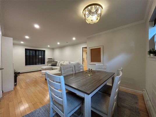 Dining room, Interior, Living room, Recessed Lighting, Wood Texture Flooring