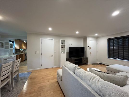 Dining room, Interior, Kitchen, Living room, Recessed Lighting, Wood Texture Flooring