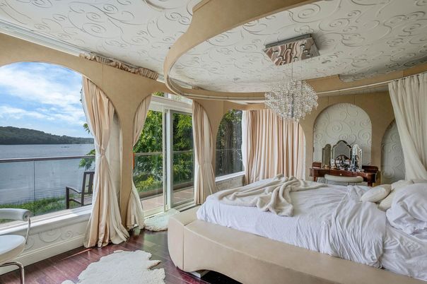 Bedroom, Chandelier, Interior, Water, Wood Texture Flooring