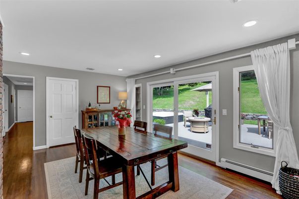 Dining room, Interior, Recessed Lighting, Wood Texture Flooring