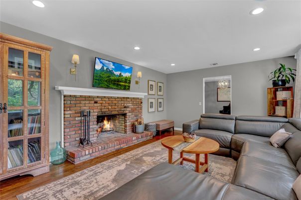 Fireplace, Interior, Living room, Recessed Lighting, Wood Texture Flooring