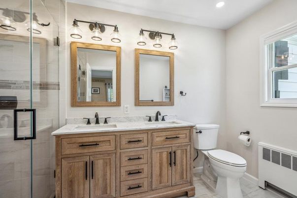 Bathroom, Dual Sink Vanities, Glass Shower, Interior, Recessed Lighting