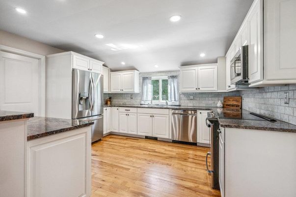 Interior, Kitchen, Recessed Lighting, Stainless Steel Appliances, Wood Texture Flooring