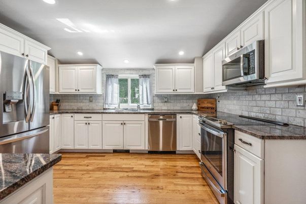 Interior, Kitchen, Recessed Lighting, Stainless Steel Appliances, Wood Texture Flooring