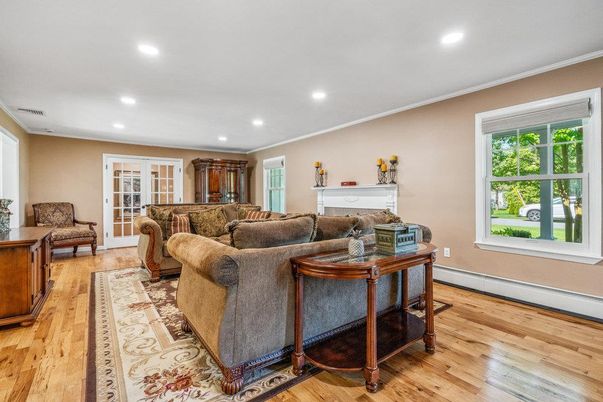 Fireplace, Interior, Living room, Recessed Lighting, Wood Texture Flooring