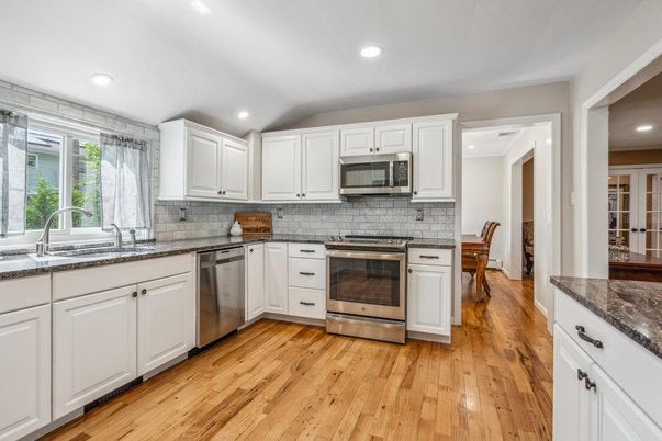 Interior, Kitchen, Recessed Lighting, Stainless Steel Appliances, Wood Texture Flooring