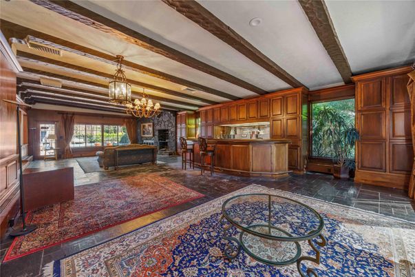 Chandelier, Fireplace, Interior, Wooden Beams, Wooden Walls