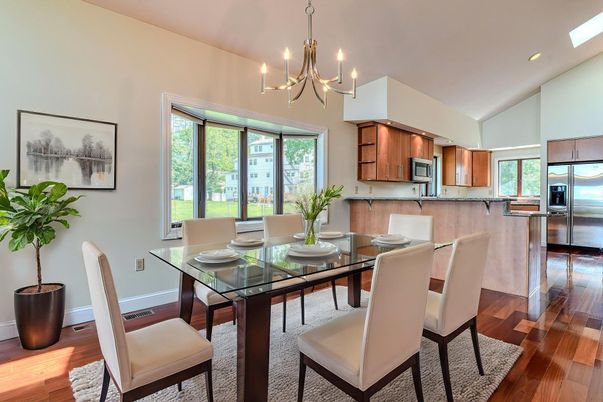 Chandelier, Dining room, Interior, Kitchen, Recessed Lighting, Stainless Steel Appliances, Wood Texture Flooring