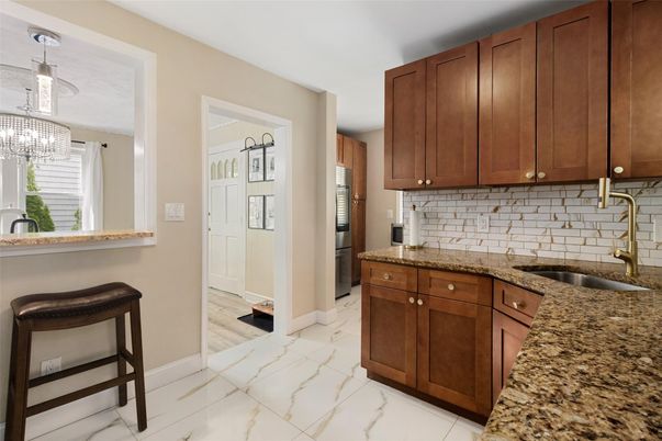 Interior, Kitchen, Marble, Pendant Lights, Wood Texture Flooring