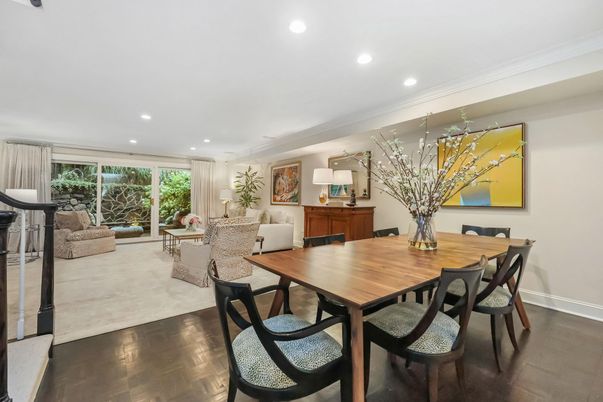 Dining room, Interior, Living room, Recessed Lighting, Wood Texture Flooring