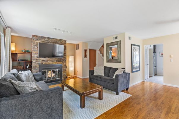 Fireplace, Interior, Living room, Stone Walls, Wood Texture Flooring