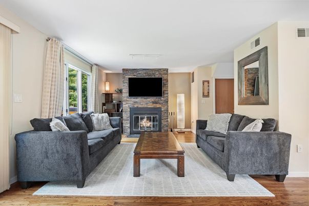 Fireplace, Interior, Living room, Stone Walls, Wood Texture Flooring