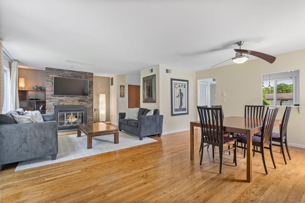 Dining room, Fireplace, Interior, Living room, Stone Walls, Wood Texture Flooring