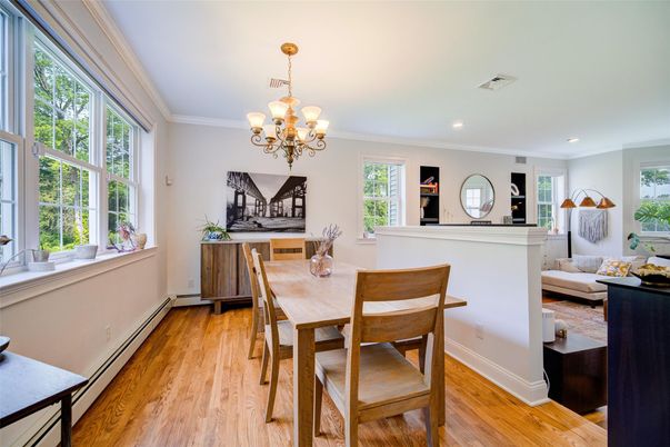 Chandelier, Dining room, Interior, Recessed Lighting, Wood Texture Flooring