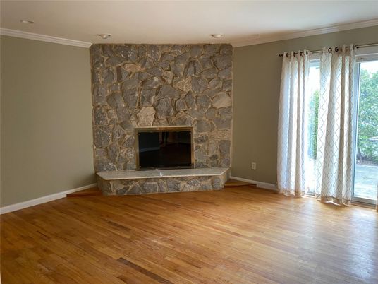Empty room, Fireplace, Interior, Stone Walls, Wood Texture Flooring