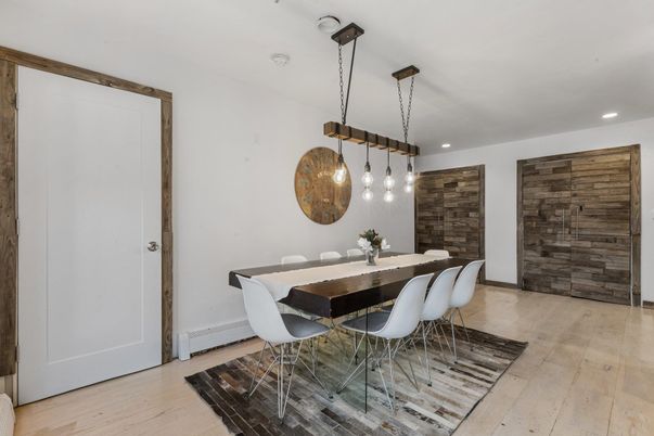 Dining room, Interior, Pendant Lights, Recessed Lighting, Wood Texture Flooring