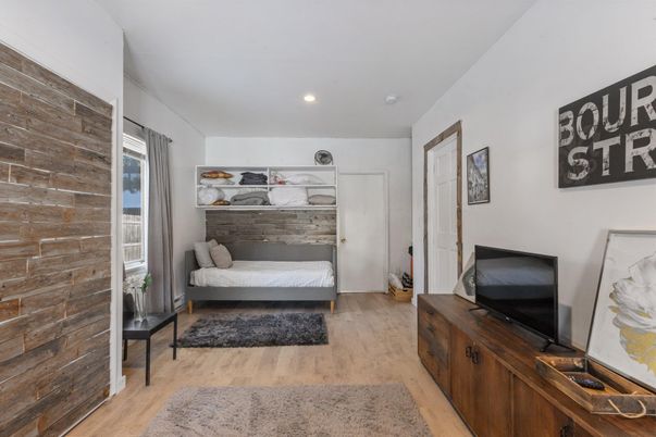 Bedroom, Interior, Recessed Lighting, Wood Texture Flooring, Wooden Walls