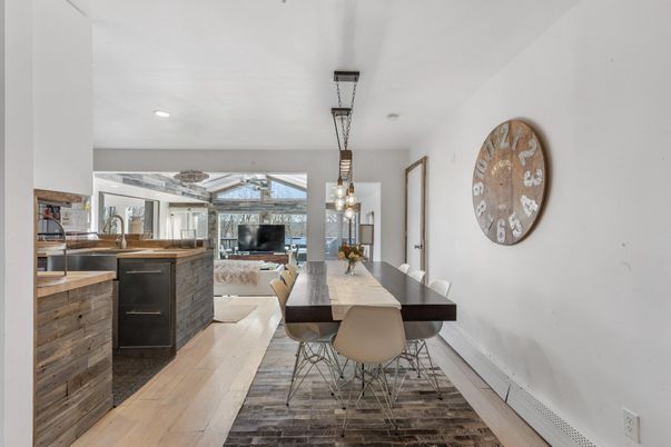 Dining room, Interior, Pendant Lights, Recessed Lighting, Wood Texture Flooring