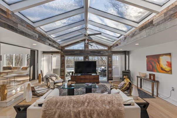 Glass Ceilings, Interior, Living room, Recessed Lighting, Sun Room, Wood Texture Flooring