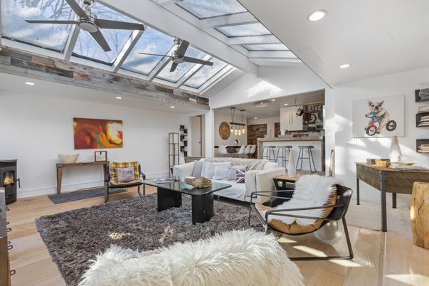Glass Ceilings, Interior, Living room, Pendant Lights, Recessed Lighting, Wood Texture Flooring
