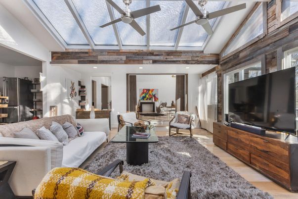 Dining room, Glass Ceilings, Interior, Living room, Recessed Lighting, Sun Room, Wood Texture Flooring