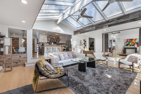 Glass Ceilings, Interior, Kitchen, Living room, Pendant Lights, Recessed Lighting, Stone Walls, Wood Texture Flooring