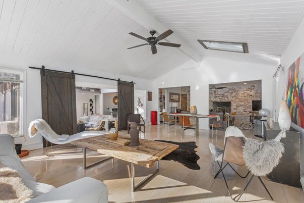 Dining room, Fireplace, Interior, Living room, Stone Walls, Wood Texture Flooring