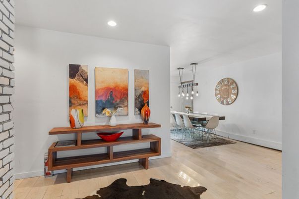 Dining room, Interior, Pendant Lights, Recessed Lighting, Wood Texture Flooring