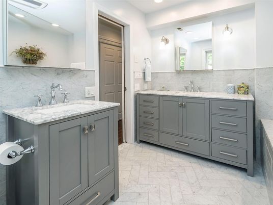 Bathroom, Dual Sink Vanities, Interior, Marble, Marble Walls, Recessed Lighting