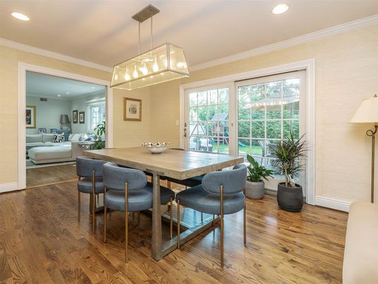 Dining room, Interior, Living room, Pendant Lights, Recessed Lighting, Wood Texture Flooring
