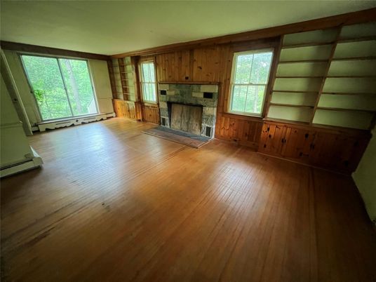 Empty room, Fireplace, Interior, Wood Texture Flooring, Wooden Walls
