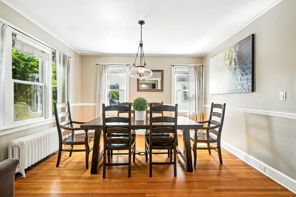Dining room, Interior, Pendant Lights, Wood Texture Flooring