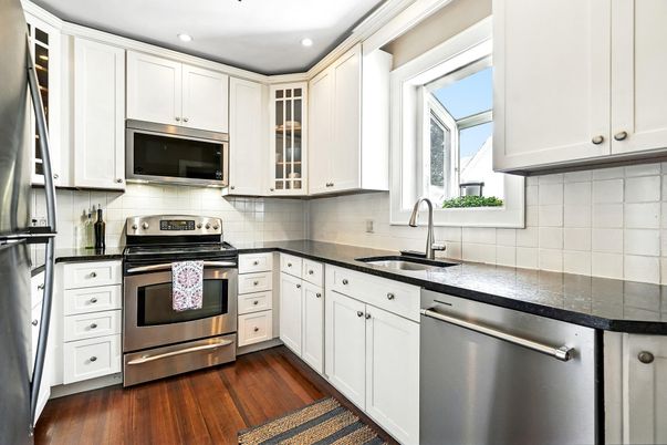 Interior, Kitchen, Recessed Lighting, Stainless Steel Appliances, Wood Texture Flooring