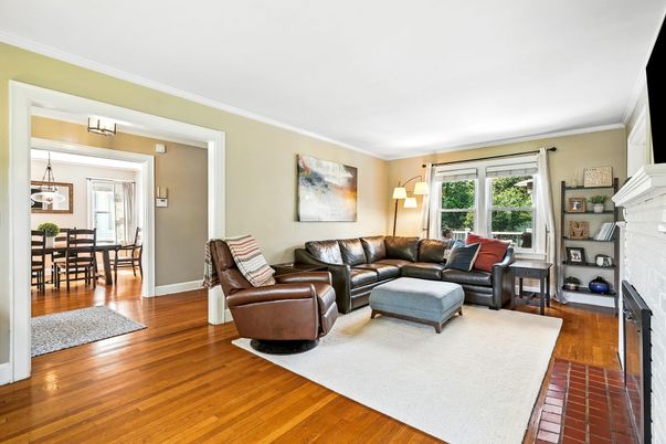 Dining room, Fireplace, Interior, Living room, Pendant Lights, Wood Texture Flooring