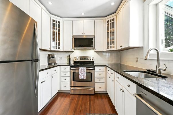 Interior, Kitchen, Recessed Lighting, Stainless Steel Appliances, Wood Texture Flooring
