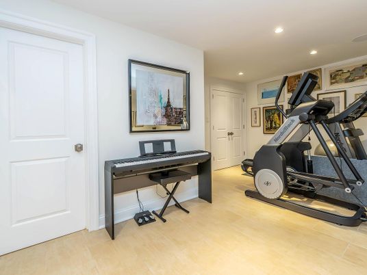 Fitness Equipment, Gym, Interior, Recessed Lighting, Wood Texture Flooring