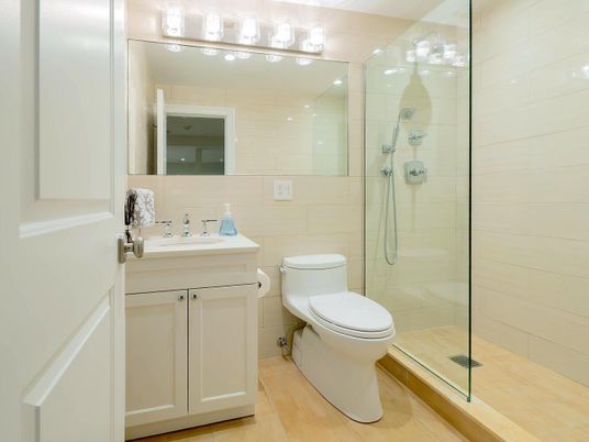 Bathroom, Glass Shower, Interior, Wood Texture Flooring