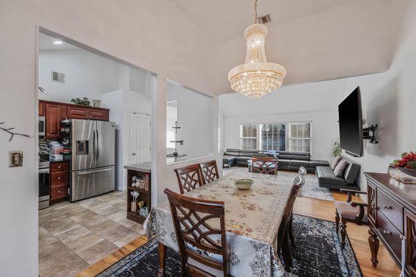 Chandelier, Dining room, Interior, Kitchen, Living room, Recessed Lighting, Stainless Steel Appliances