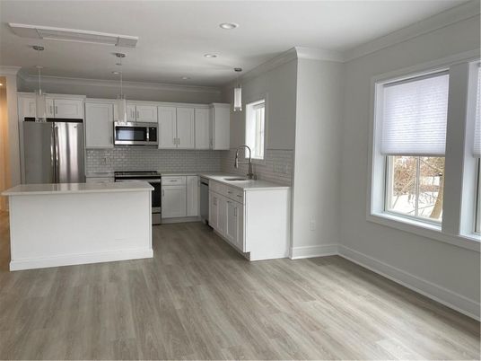 Interior, Kitchen, Pendant Lights, Recessed Lighting, Stainless Steel Appliances, Wood Texture Flooring