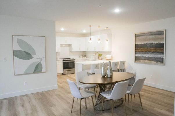 Dining room, Interior, Kitchen, Pendant Lights, Recessed Lighting, Stainless Steel Appliances, Wood Texture Flooring