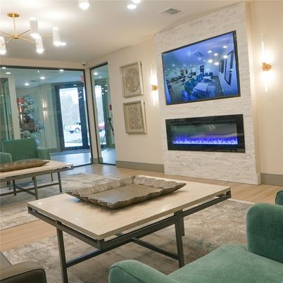Fireplace, Interior, Pendant Lights, Recessed Lighting, Wood Texture Flooring