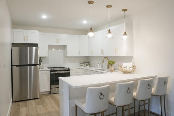 Interior, Kitchen, Pendant Lights, Recessed Lighting, Stainless Steel Appliances, Wood Texture Flooring
