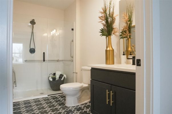 Bathroom, Glass Shower, Interior, Pendant Lights