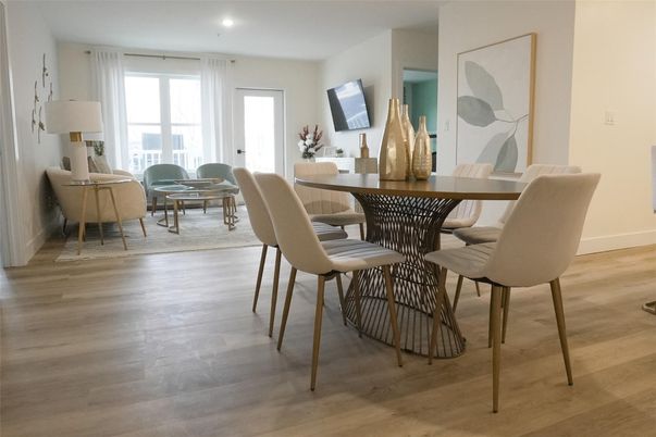 Dining room, Interior, Recessed Lighting, Wood Texture Flooring