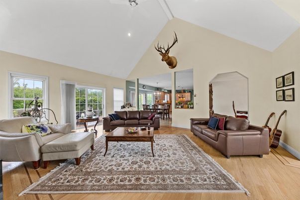 Dining room, Interior, Living room, Recessed Lighting, Wood Texture Flooring