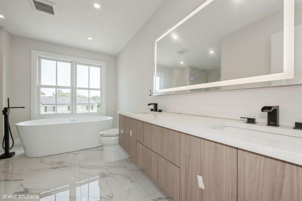 Bathroom, Dual Sink Vanities, Free Standing Baths, Interior, Marble, Marble Walls, Recessed Lighting