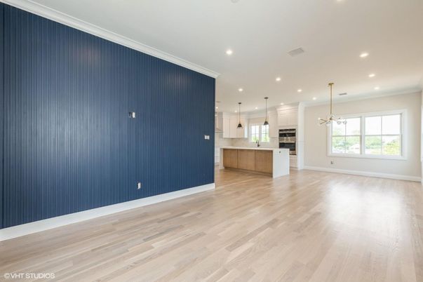 Empty room, Interior, Kitchen, Pendant Lights, Recessed Lighting, Wood Texture Flooring