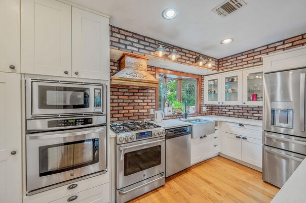 Interior, Kitchen, Recessed Lighting, Stainless Steel Appliances, Stone Walls, Wood Texture Flooring