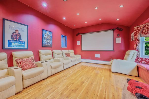 Home Theatre Room, Interior, Projection Screen, Recessed Lighting, Theatre Room, Wood Texture Flooring